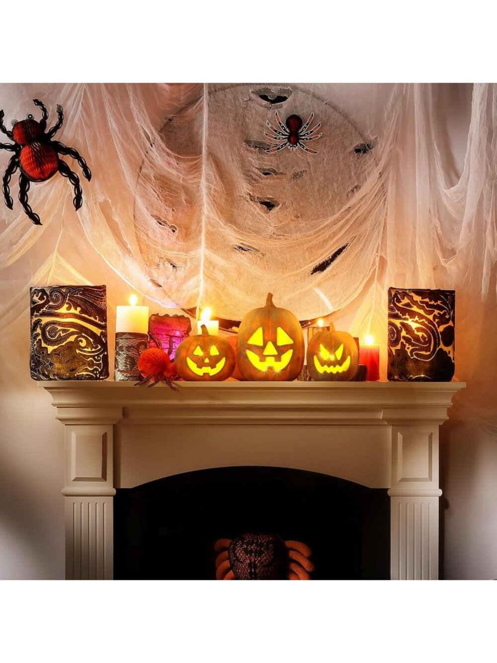 🎃 3 Pcs Beige Pumpkin Lantern Terracotta Resin Halloween Decorations Home Porch - Picture 6 of 6